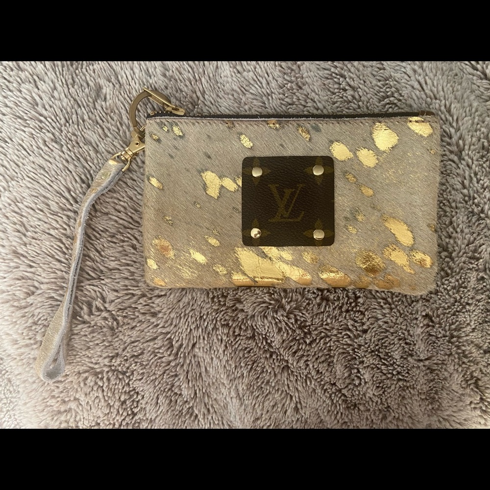 New Upcycled Louis Vuitton Wristlet on accented authentic Cowhide!